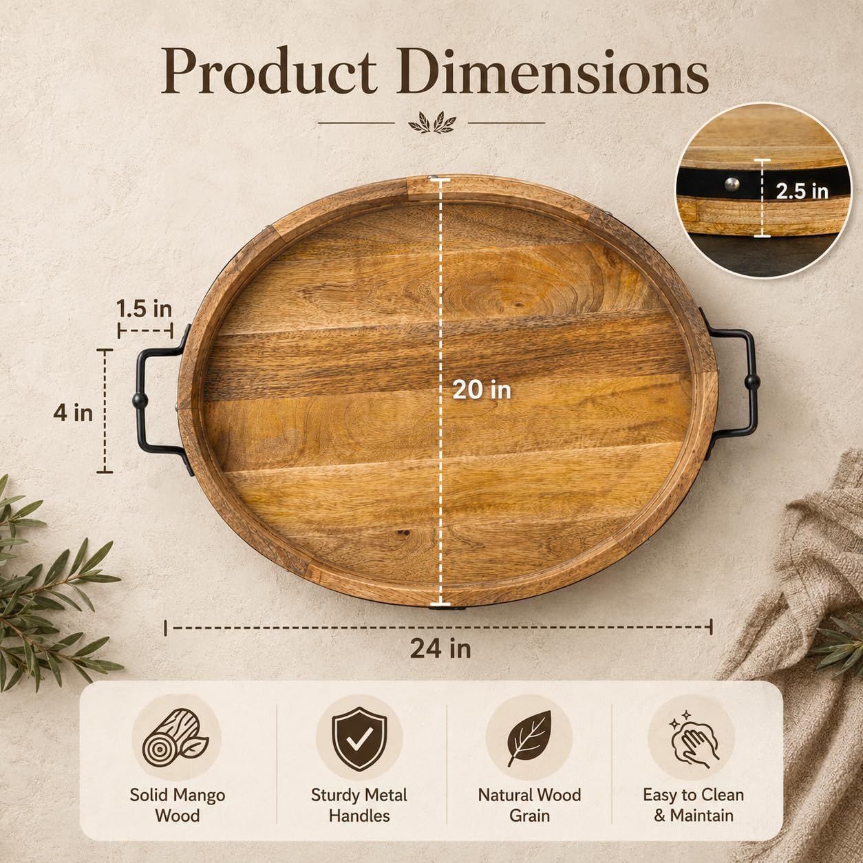 20"x24" Extra Large Oval Ottoman Tray, Solid Mango Wood, Rustic Natural Shade Farmhouse Style Serving Tray for Tea, Breakfast in Bed, Coffee Table, Decorative Handles and Accent Strap