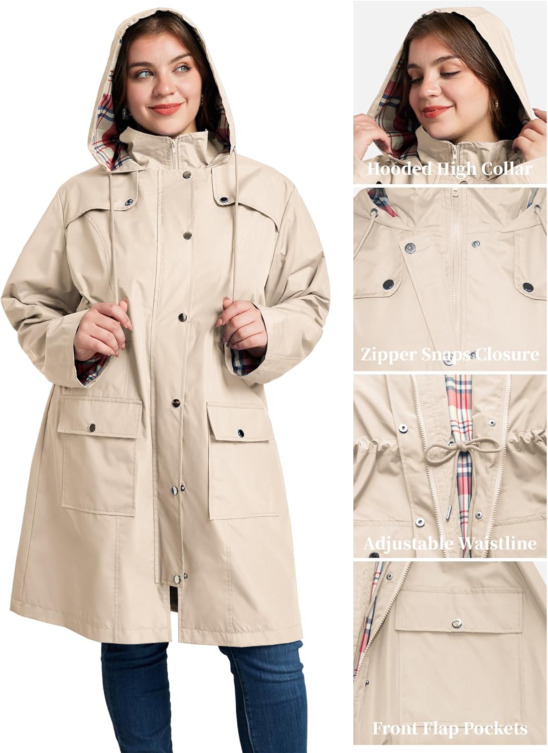 Kikibell Plus Size Rain Jackets for Women Raincoats Waterproof Windbreaker Jacket Hooded Outdoors Trench Coat with Pockets - Image 4