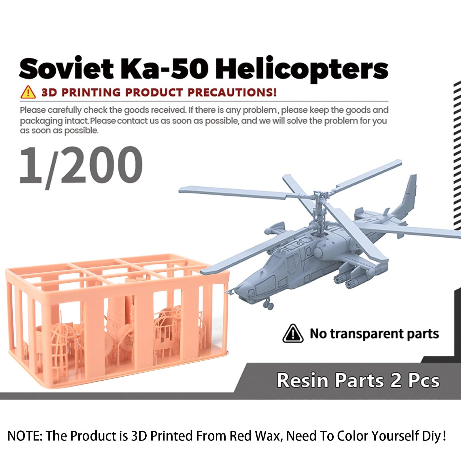 2PCS 3D Military Model 1/200 Scale Ka-50 Soviet Attack Helicopter Uncolored Resin Model Military Collectible Aircraft DIY Model