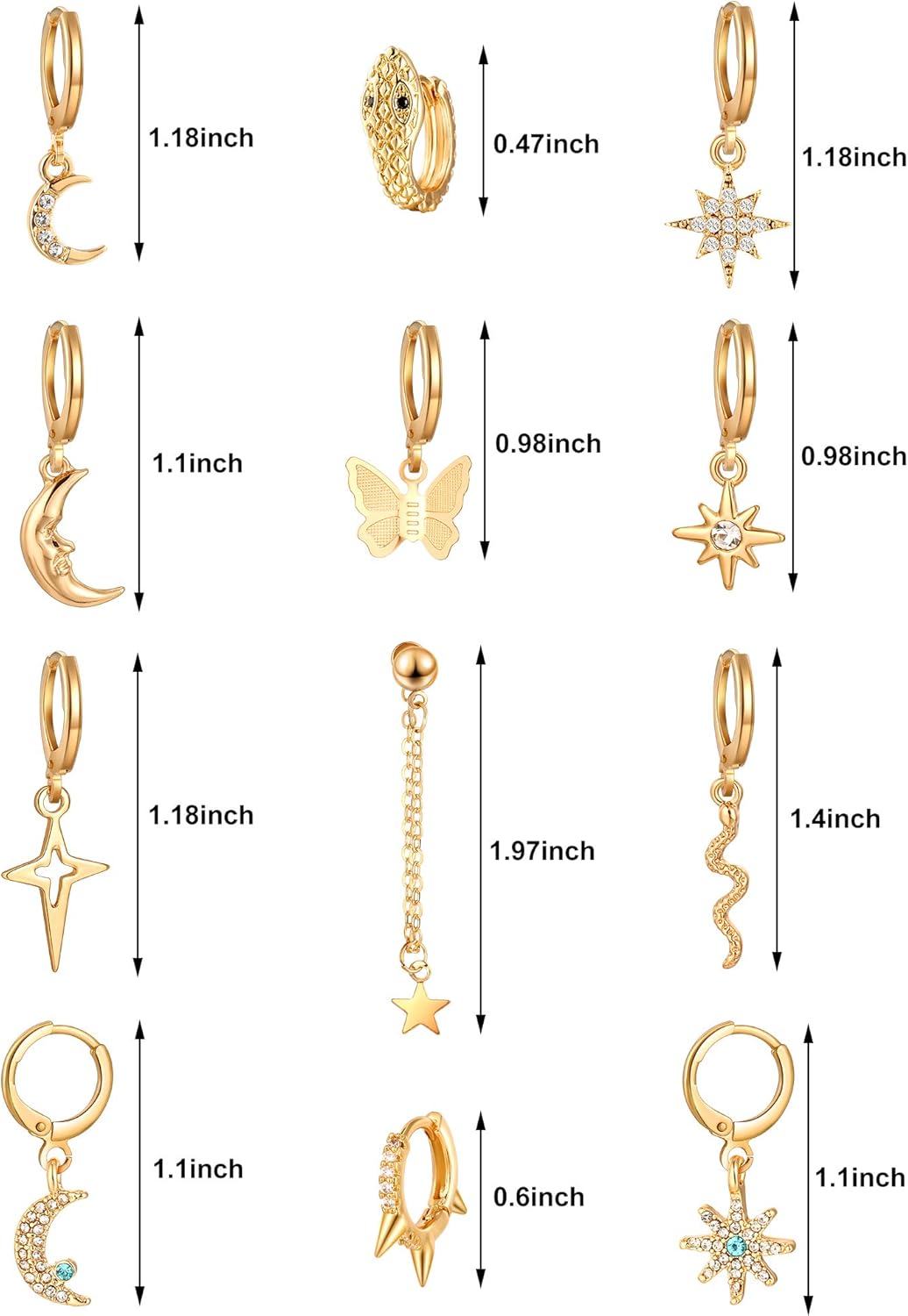 14K Gold Plated Drop Earrings - Medium Huggie Hoops With Shark Tooth & Shell Charms For Women