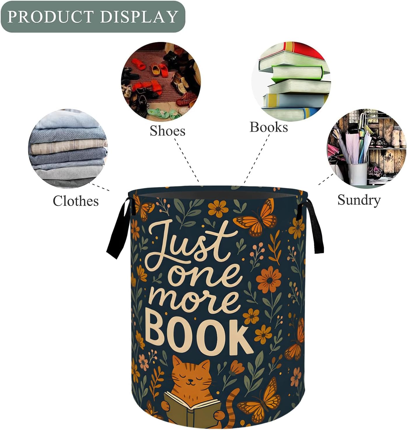 Reading Cat Laundry Basket Hamper, Organizer Bins Gifts for Women Kids, Floral Butterfly Foldable Waterproof Clothes Hamper Handles Storage Bucket for Bedroom Bathroom Room Decor 19.7"x15.7" image 3