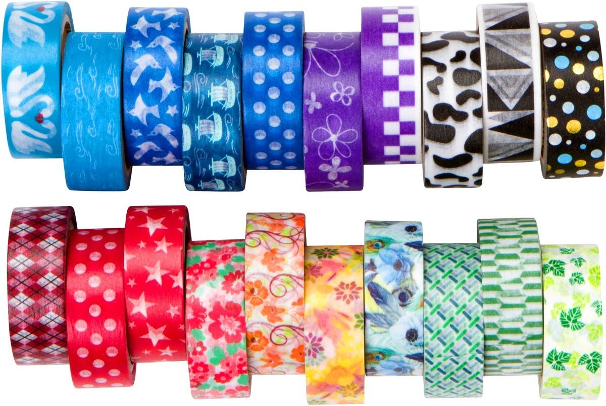 Washi Tape Rainbow Set of 20 Rolls, Decorative Masking Tape Collection for DIY and Gift Wrapping