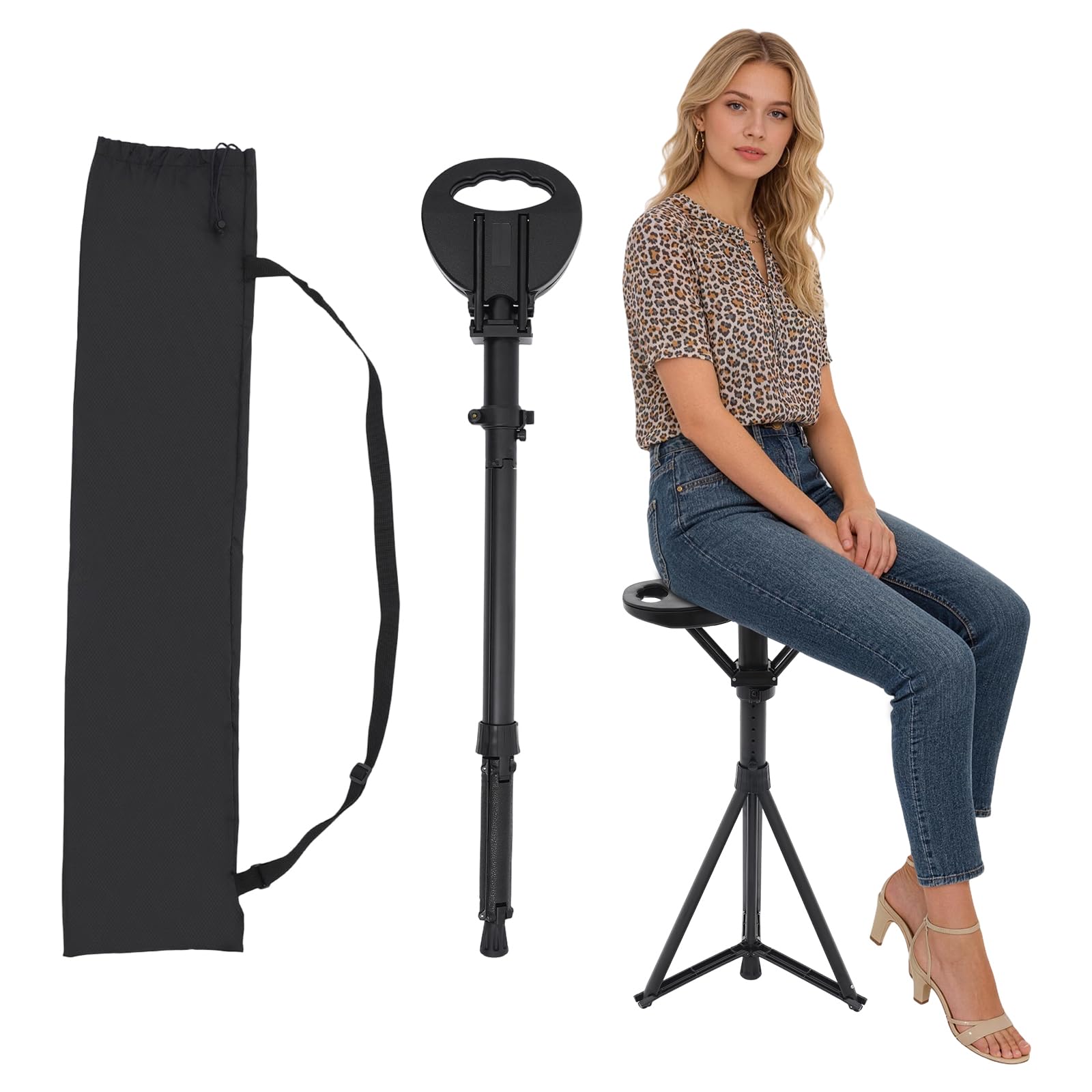 Gehstock mit Sitz, Tragbarer Gehstock Klappbar mit Tragetasche,Sitzstock für Erwachsene und Senioren Maximale Belastung 150 kg für Outdoor-Reisen