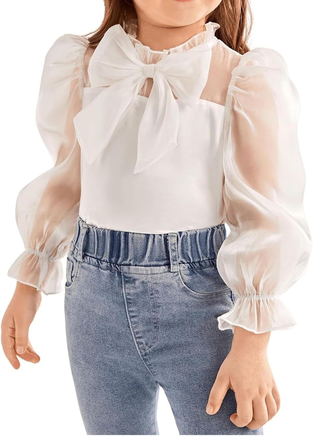 WDIRARA Girl's Bow Front Cute Long Sleeve Blouse Mock Neck Shirt Ruffle Mesh Casual Top Tee