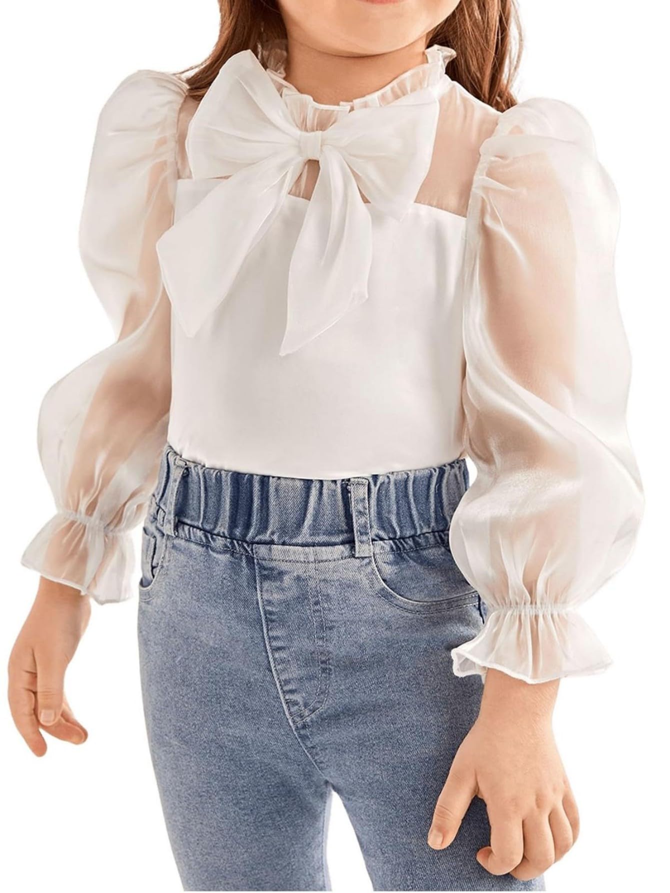 WDIRARA Girl's Bow Front Cute Long Sleeve Blouse Mock Neck Shirt Ruffle Mesh Casual Top Tee