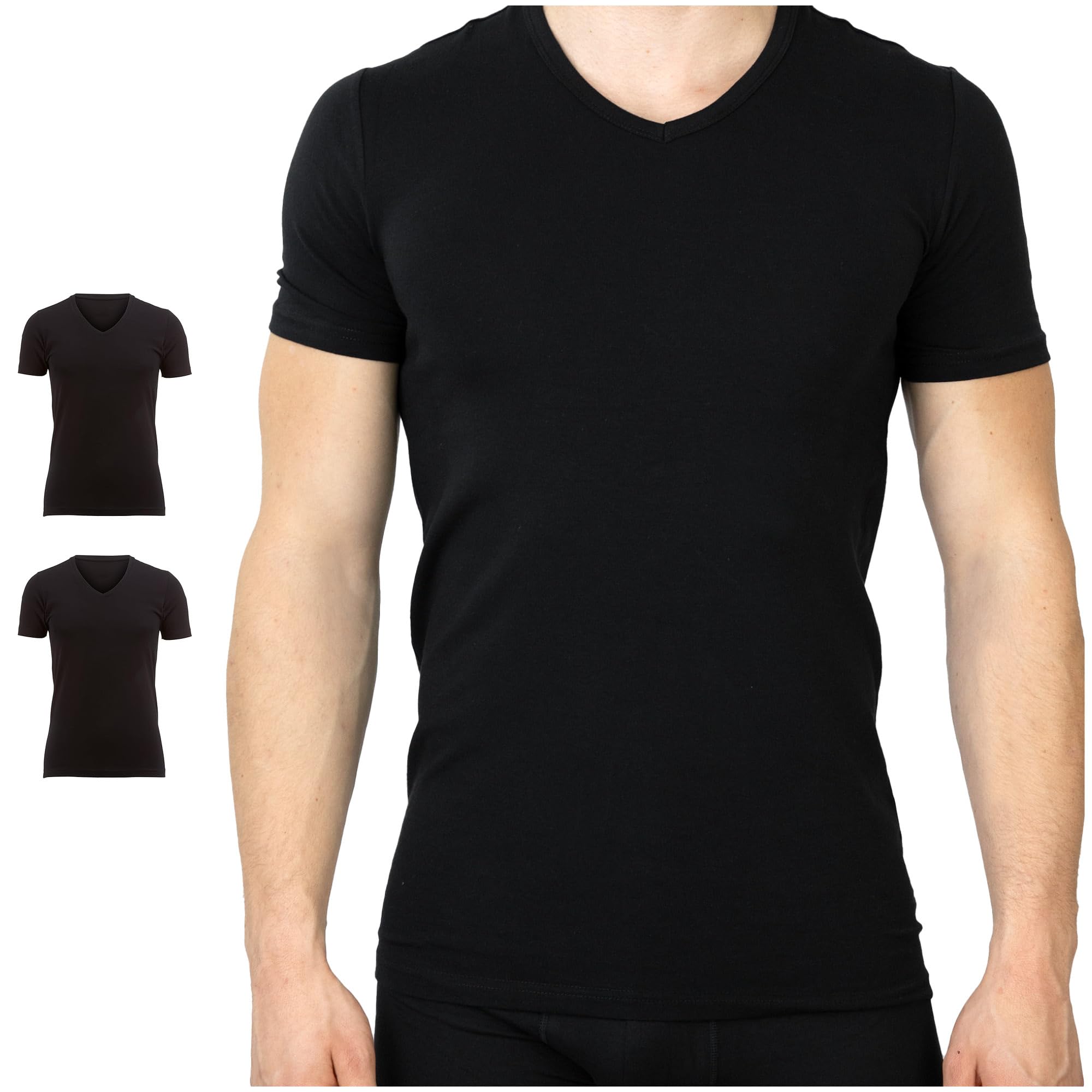 SES Lot de 2 maillots de corps basiques pour homme, avec col en V, 95 % coton, 5 % Eleastan, de qualité supérieure, pour homme, blanc, manches courtes
