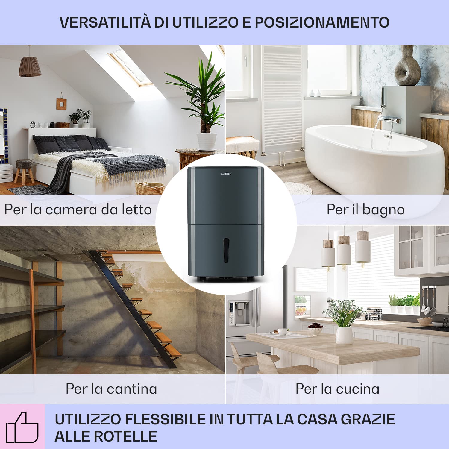 Klarstein Deumidificatore Casa per Muffa e Umidità Silenzioso, Deumidificatore Portatile Smart, Deumidificatore Ambiente Professionale Elettrico Basso Consumo, Deumidificatore WiFi 20L con Display LED