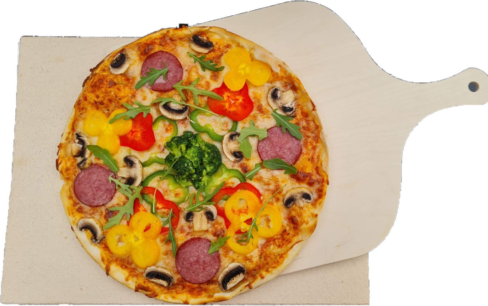 Pizzastein Brotbackstein Backofenplatte versch. Formate mit Holzschieber für Backofen, Grill & Smocker aus massiver Schamotte - (Format 40 x 30 x 2,0 cm incl. Schieber) Lebensmittelecht