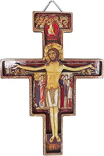 Needzo Catholic Wall Cross San Damiano St Francis of Assisi Tau Hanging Crucifix, Traditional Christian Colored Artwork, Keepsake Gift for Boys or Girls, 2 Inches