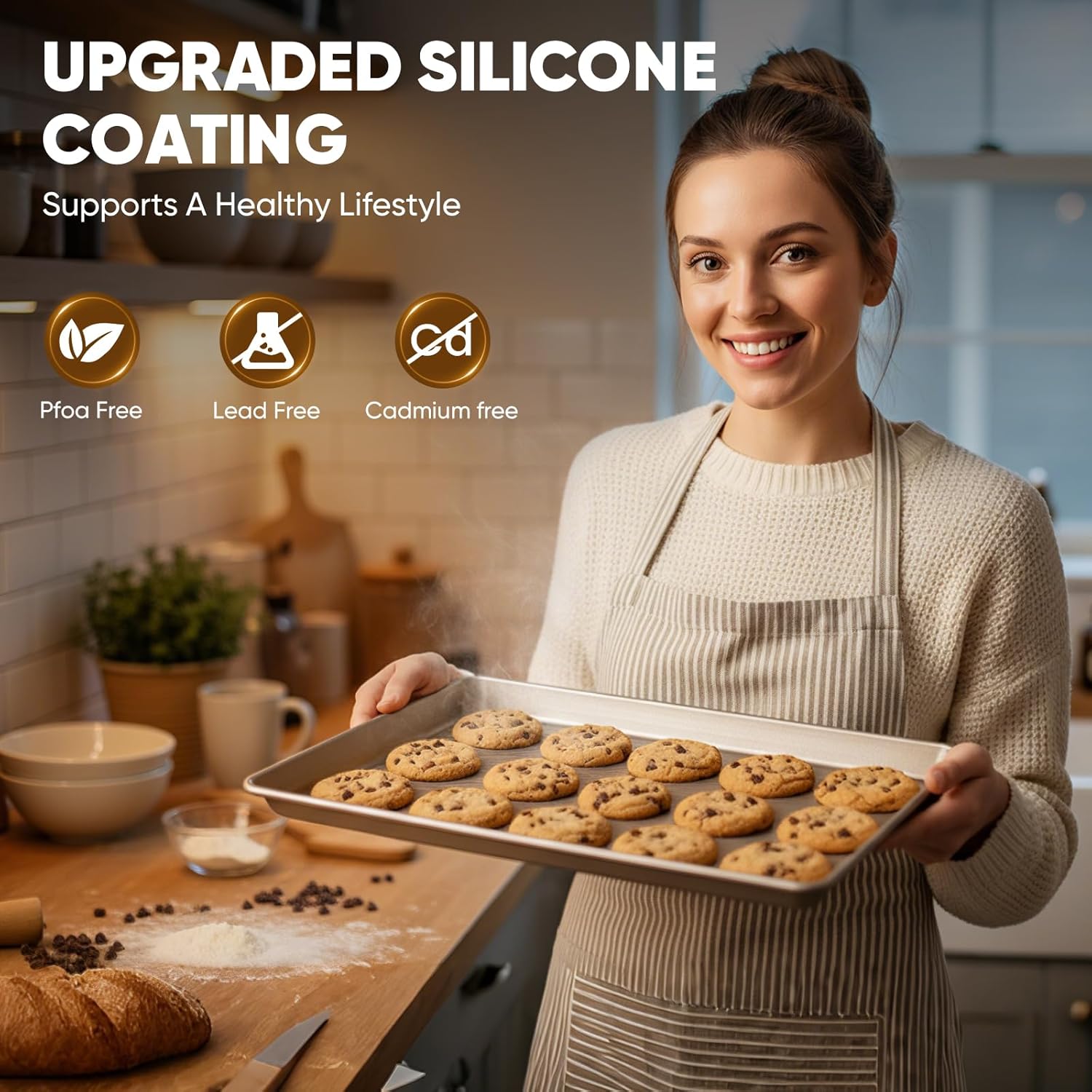 Nonstick Baking Sheet Pan Set of 3, Heavy Duty Cookie Sheets for Oven with Stripe Texture Pattern, 0.6mm Thick Quarter/Half/Jelly Roll Pans, Rust-Resistant & Easy Clean (Champagne Gold)