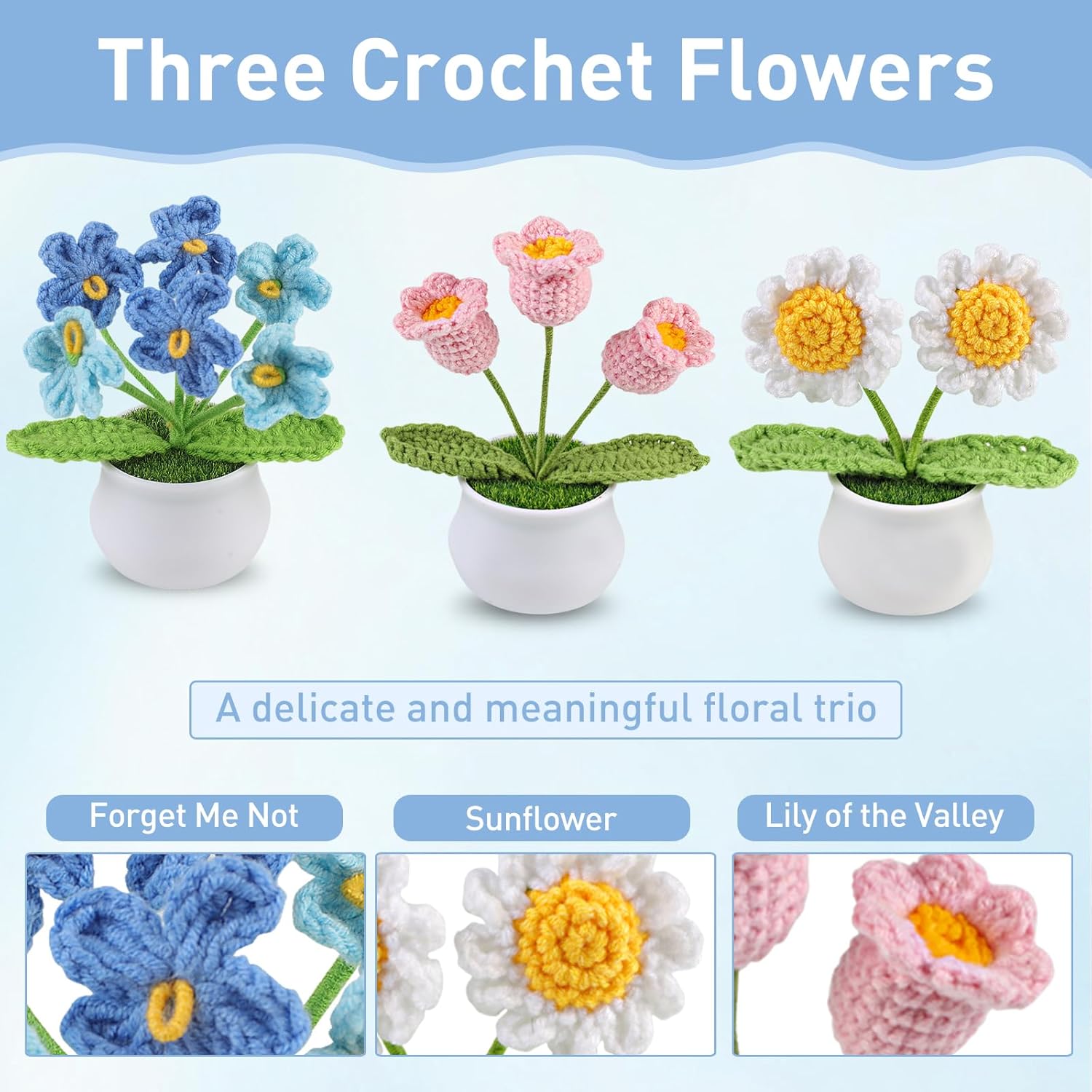 3pcs Crochet Flowers Pot, Cute Handmade Crochet Flower Desk Decor with Sunflower, Lily of The Valley, Forget Me Not, Gift for Women, Mom, Teacher, Friend, Birthday, Mother’s Day, Thank You - Image 2