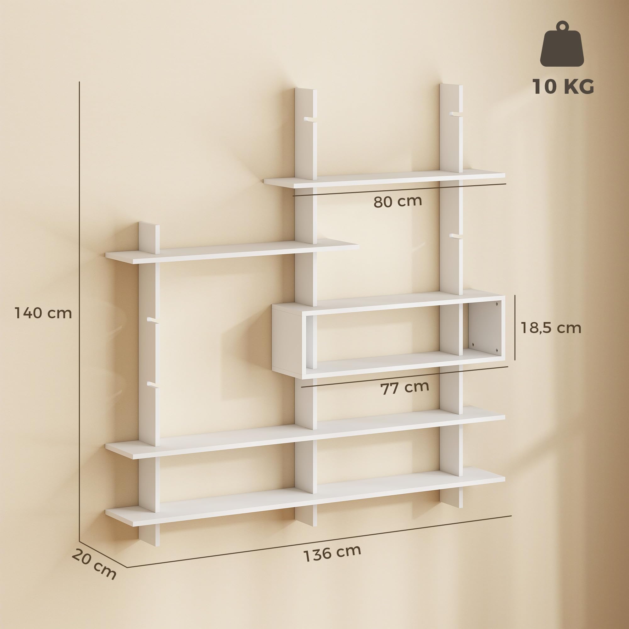 HOMCOM Estantería de Pared, Librería Geométrica con 4 Estantes, Blanco | Compartimento Central Rectangular, Estantes Decorativos, para Salón o Dormitorio