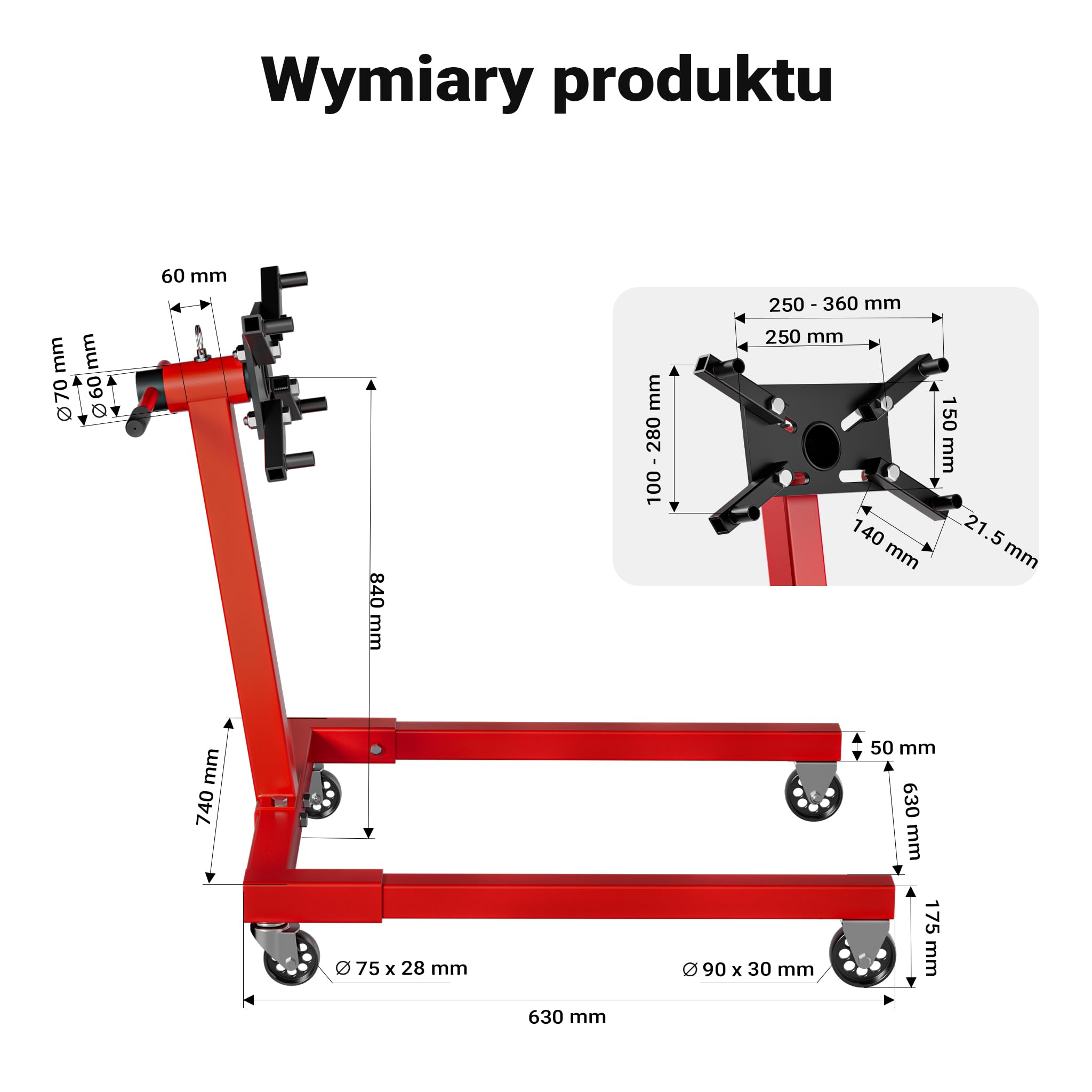 Wiltec Stojak do silnika do 570 kg, warsztatowy podnośnik stalowy z rolkami, obrotowy uchwyt do montażu naprawy i serwisu jednostek napędowych