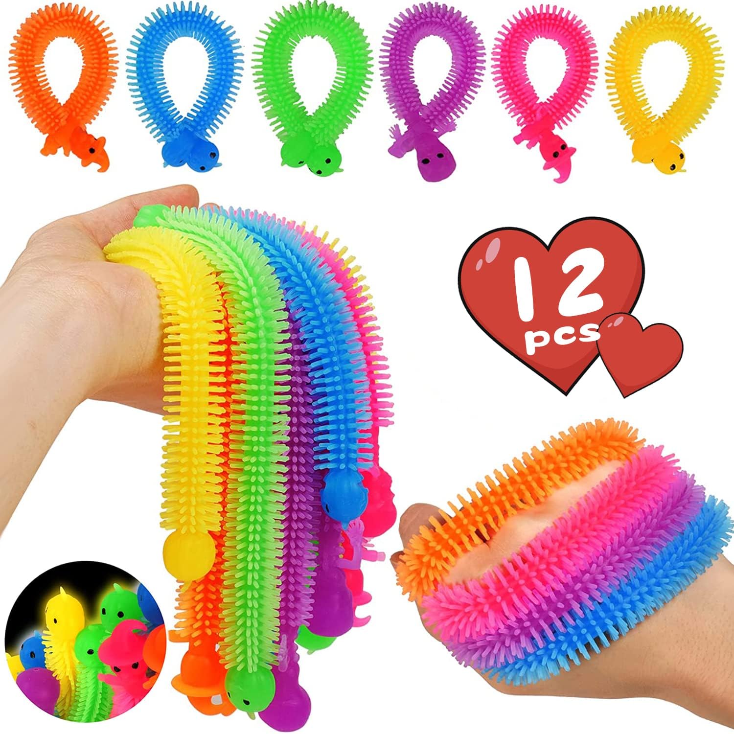 Stress Strings Stretch Fidget Noodles Toy; Glow in The Dark Sensory Fidgets Treat Gifts Textured 12 Packs Stretch Luminous Strings Kids Goodie Bag Fillers