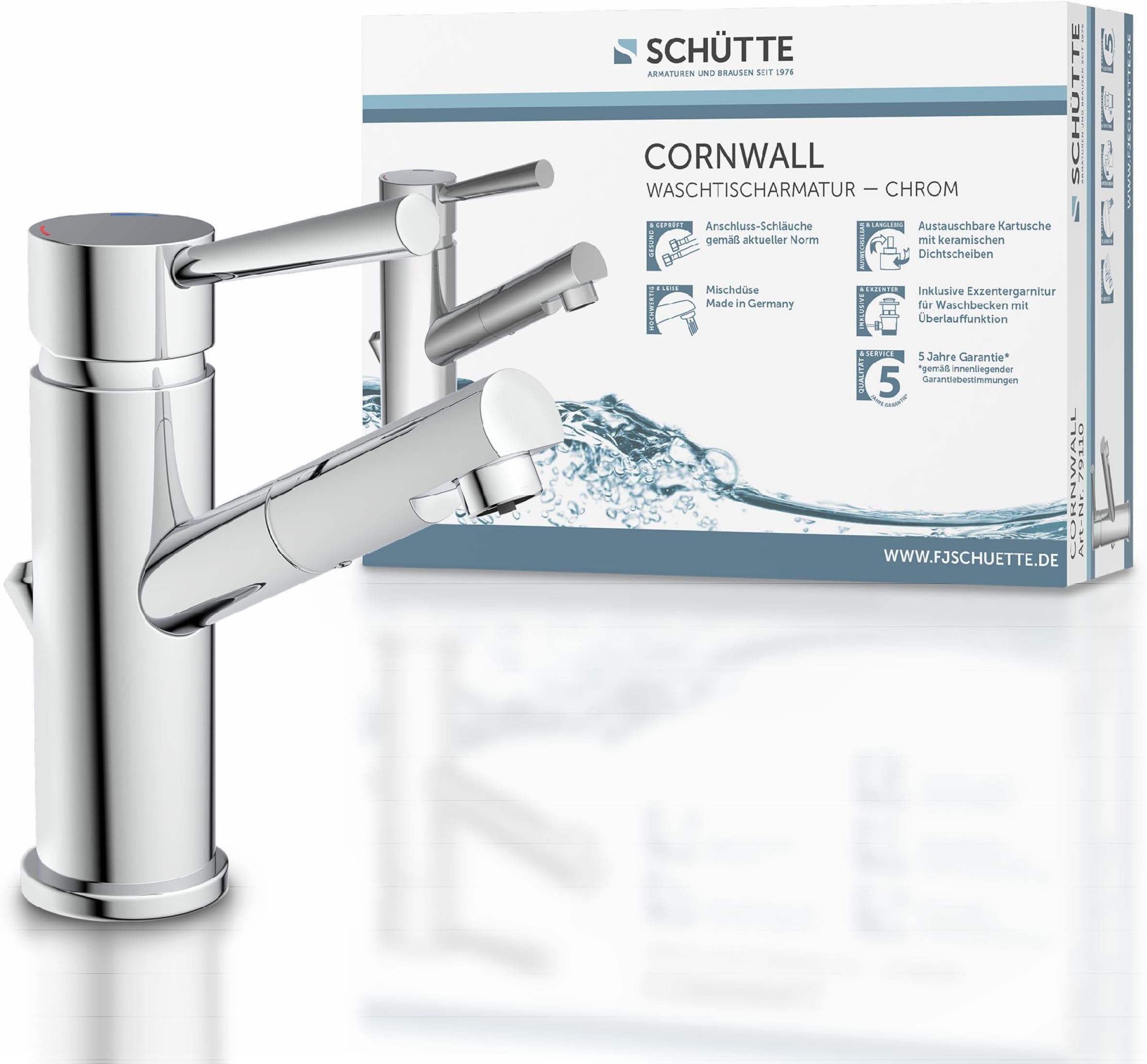 Schütte Waschtischarmatur CALVINO Chrom - Einhebelmischer Mit Eco-Click