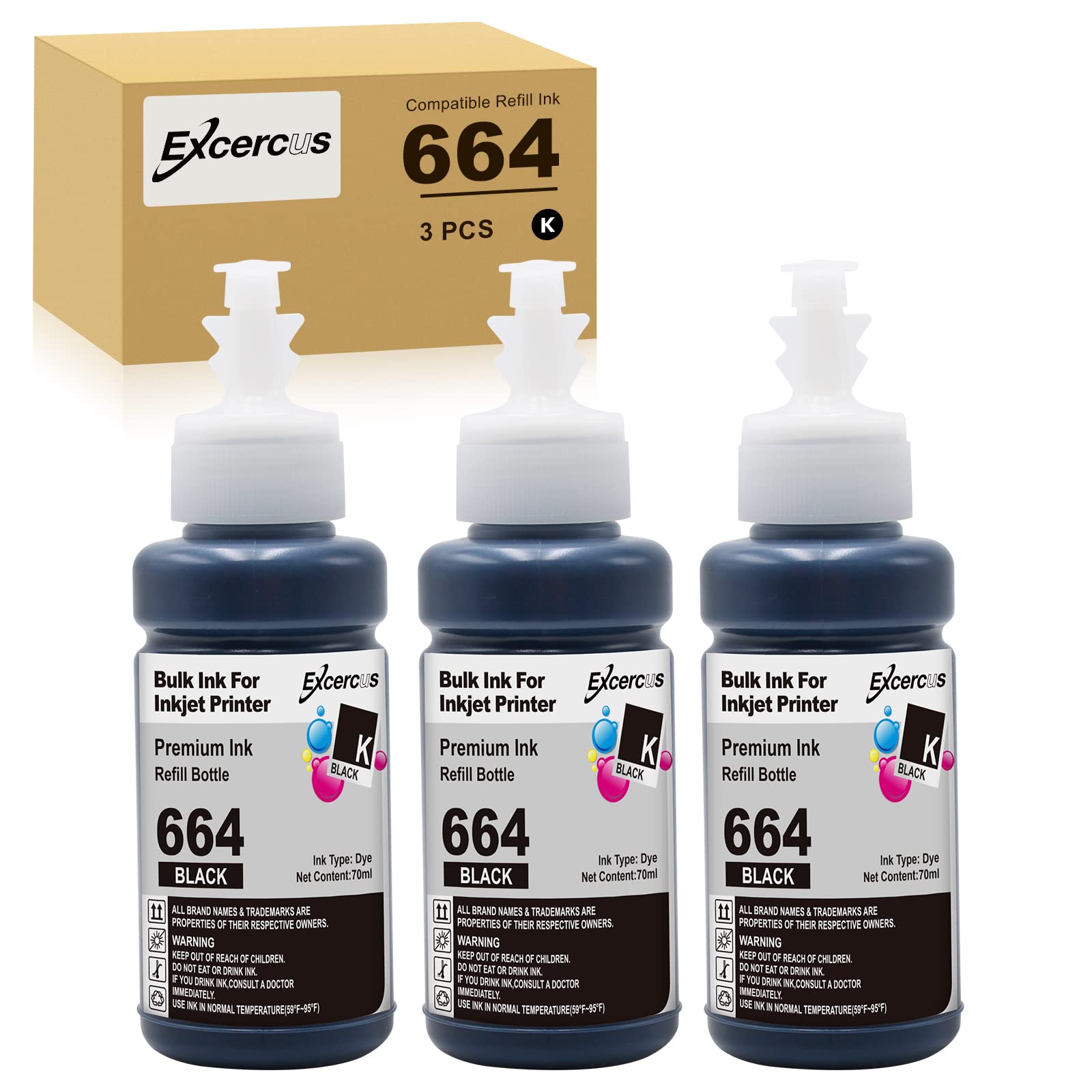 3 Pack 70ml Compatible Ink Bottle Replacement for Epson 774 664 T774 T664 Work with ET-2650 ET-16500 ET-4500 ET-2550 ET-3600 ET-2600 ET-4550 (3Black)