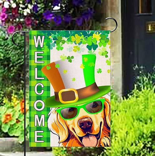 Miniatura 5 de KROMNOUR Bandera de jardín del Día de San Patricio Golden Retriever de 12.5 x 18 pulgadas, lindo trébol verde de perro, bandera de jardín de