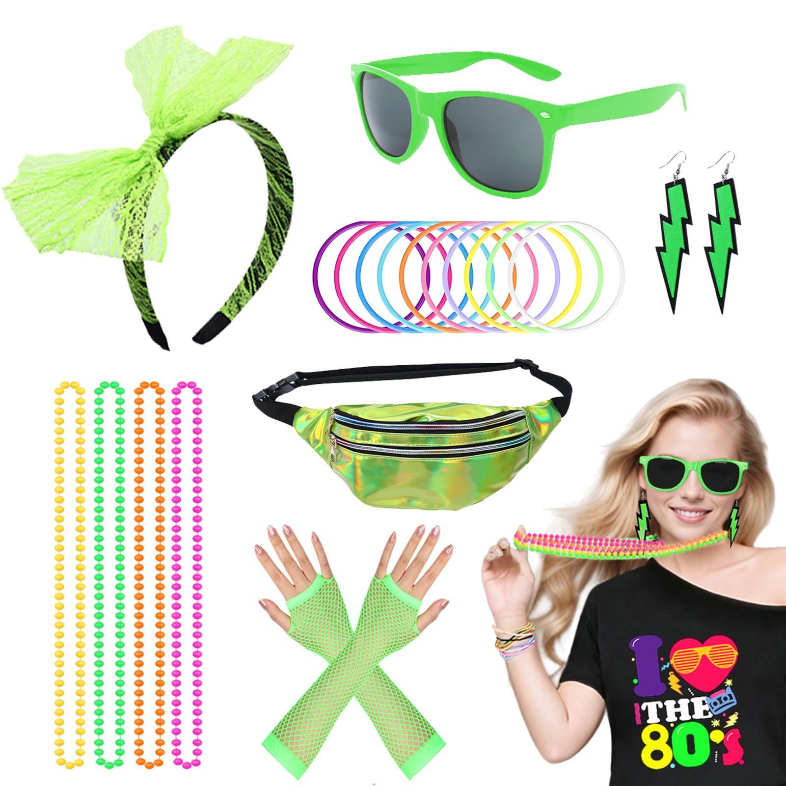 Aleshime 80s Costume Accessories Set for Women Girls, 1980s Party Costume Accessories Bumbag Earrings Fishnet Gloves Necklace Glasses Bracelet Headband, Retro Outfit for 80s Party/Dress up Day(Green)