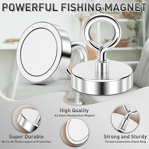 Miniatura 30 de FINDMAG Imán de pesca súper fuerte, fuerza de tracción de 1000 libras, imán de neodimio de tierras raras con ojal de agujero avellanado, imanes