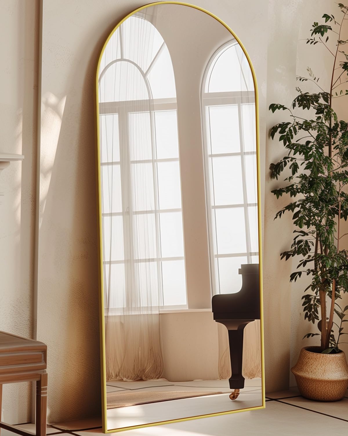 Antok Full Length Mirror, 58"x18" Floor Mirror with Stand, Hanging Mounted Mirrors for Bedroom, Living Room, Cloakroom, Dining Room, Gold, Arched