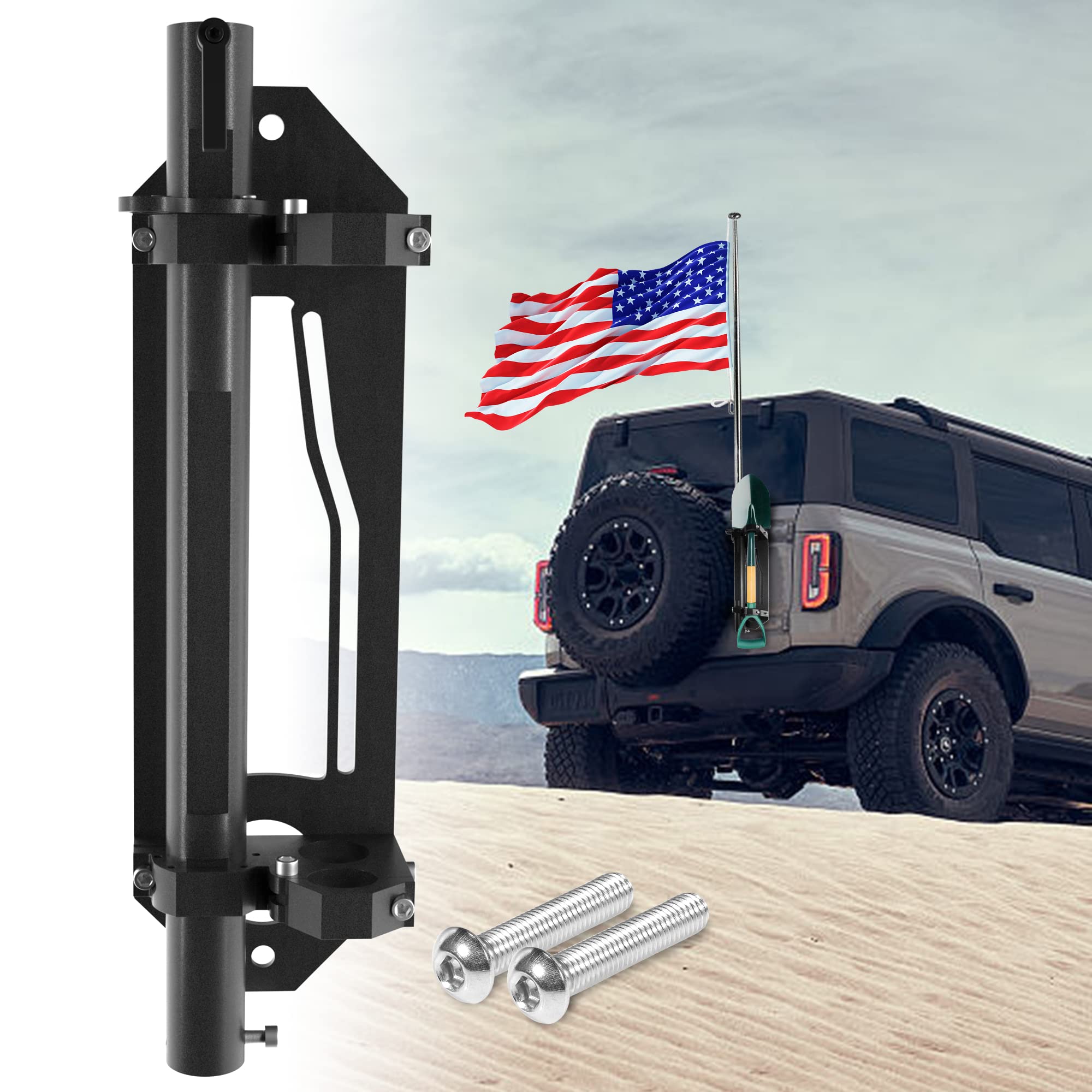 ARMSKY Tailgate Hinge Flag Mount Bracket Compatible with Ford Bronco 2021 2022,3 in 1 Aluminum Flagpole Bracket Mounting Accessories,Multi-Function Shovel Holder,Antenna Mount Flagpole Holder