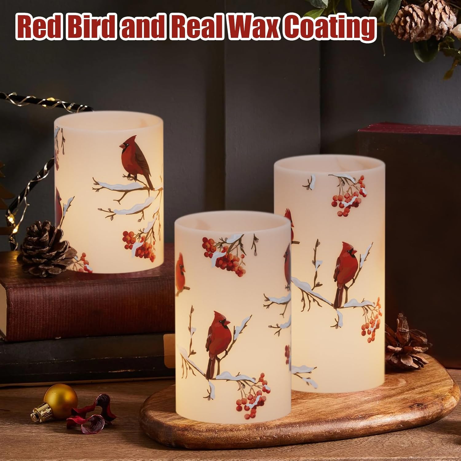 Cardinal Flameless Candles, 3 Pack LED Flickering Pillar Candles with Red Bird Decals, Real Wax Cardinal Home Decor for Halloween Christmas Decor(D3” x H4”5”6”) - Image 3