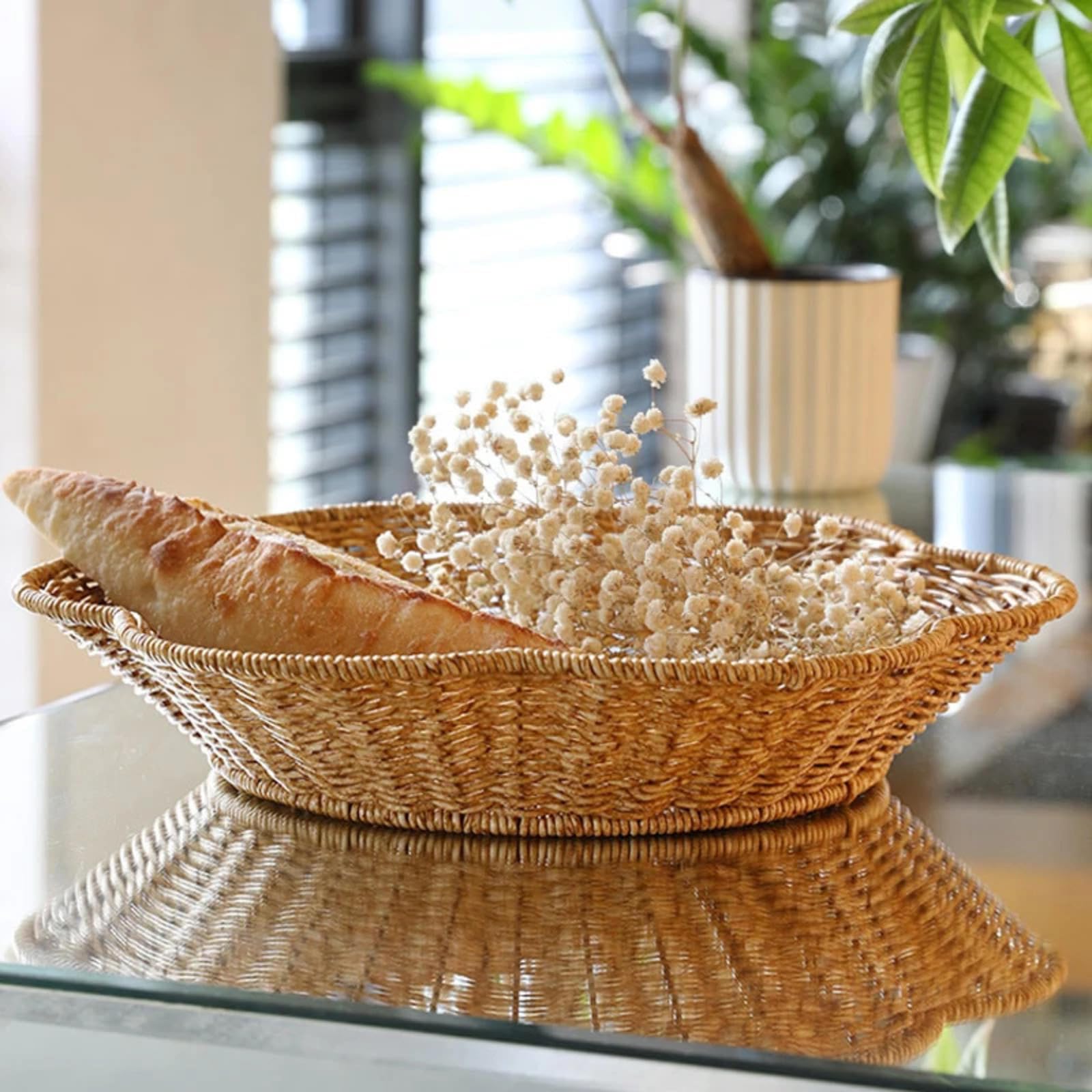 Cestino Intrecciato, Cestini Porta Pane in Poli-Vimini per Alimenti, Frutta e Verdura, Negozio Poco Profondo, Espositore per Supermercato, Che Serve Ristorante, Cucina Domestica, Marrone,D