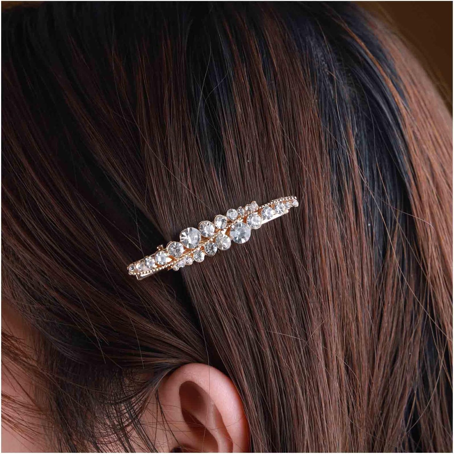 Vintage Rhinestone Hair Clip Pin Gold Barrette Headpiece with CZ Crystals, Decorative Metal Hair Accessory for Women and Girls