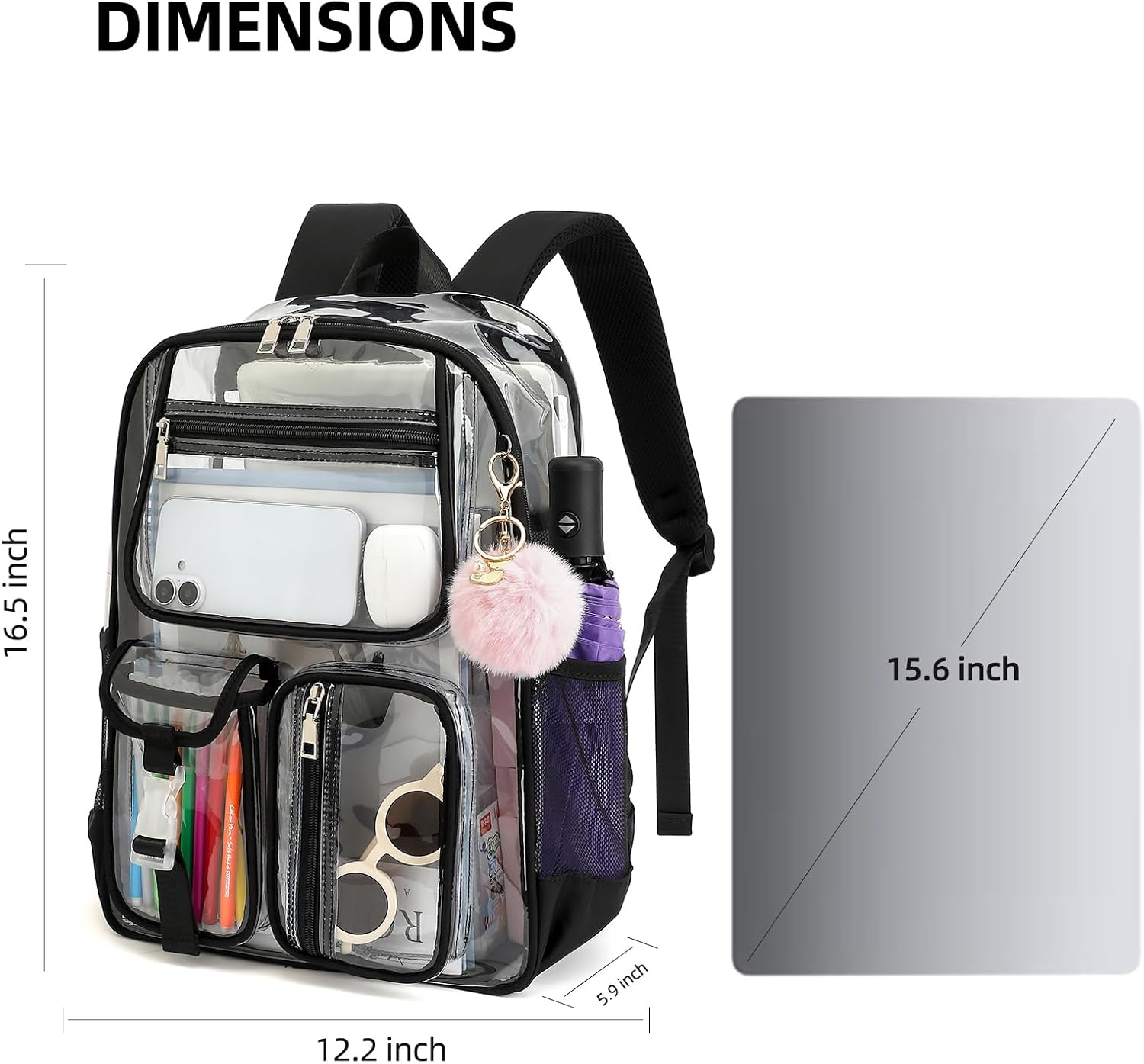 Clear Backpacks for Girls Boys, Heavy Duty PVC Transparent School Bookbag See Through Back Pack for College Work Travel (Black) - Image 3