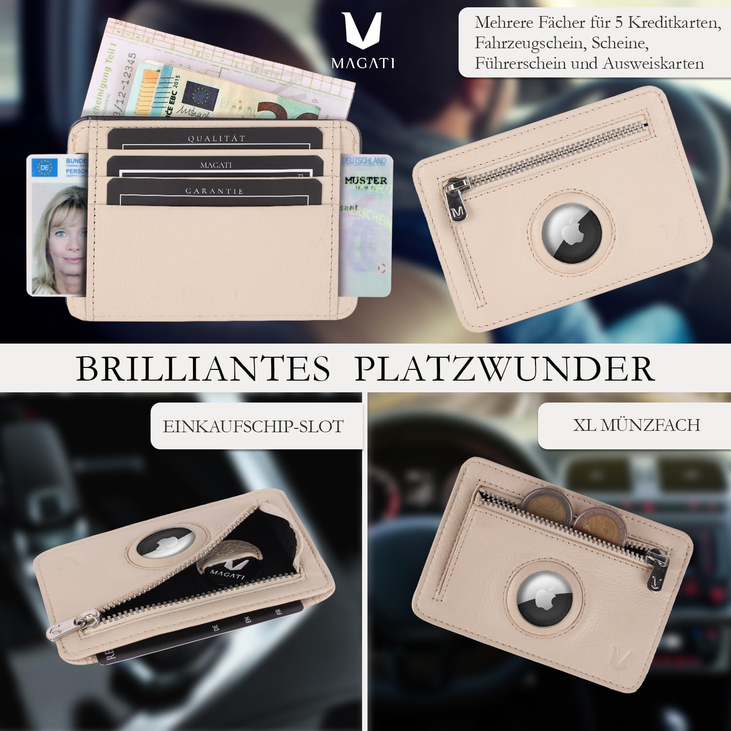 MAGATI CarWally MiniWallet con monedero, protección RFID, mini cartera para hombre y mujer, pequeño, tarjetero, beige, Mini-Wallet, Mini compartimento para monedas y compartimento para el día del aire
