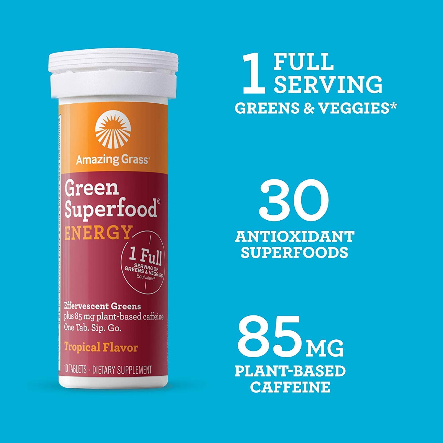 Amazing Grass Effervescent Energy Tablets: Greens + Green Tea Caffeine, Water Flavoring Tablet with Antioxidants, Nootropics Support, Tropical, 10 Count (Pack of 3)