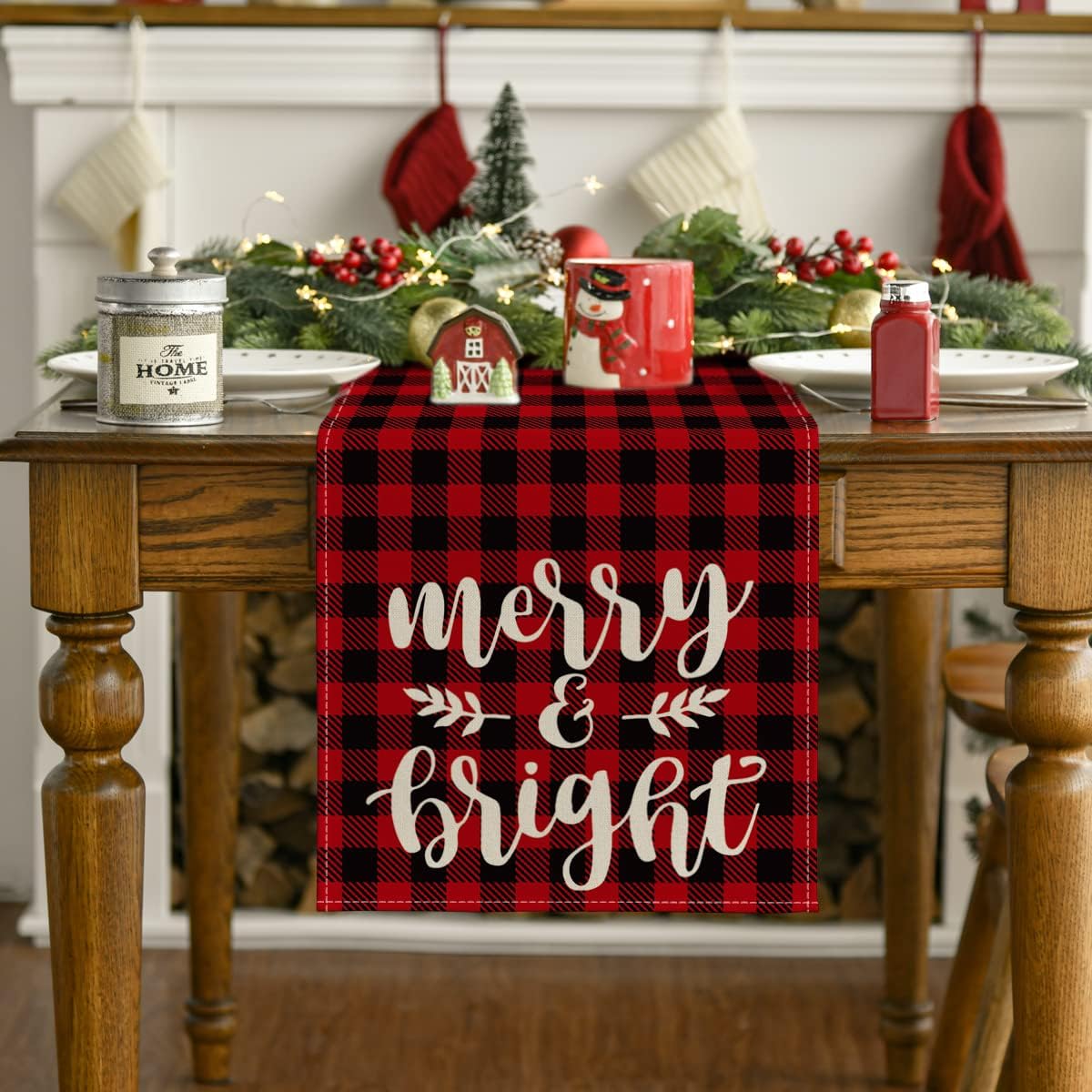 Artoid Mode Red and Black Buffalo Plaid Merry & Bright Table Runner, Seasonal Winter Christmas Holiday Kitchen Dining Table Decoration for Indoor Outdoor Home Party Decor 13 x 72 Inch
