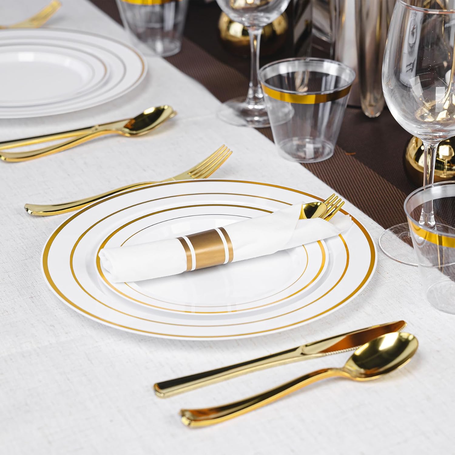 350PCS Gold Plastic Plates Dinnerware Set, Thanksgiving Disposable Plates, 50 Dinner and 50 Dessert Plates, 50 Pre Rolled Napkins with Silverware and 50 Cups for Party and Wedding - Image 5