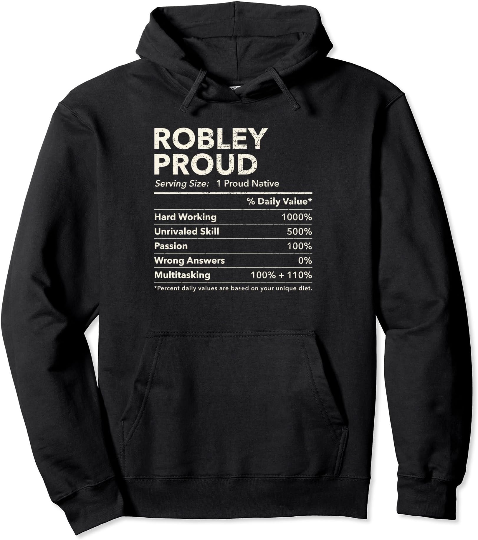 Robley, Virginia Proud Nutrition Facts Pullover Hoodie