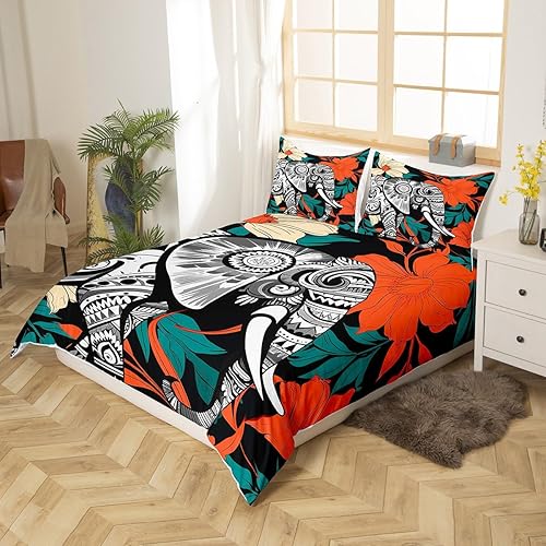 Miniatura 2 de Manfei Juego de funda de edredón de elefante, tamaño Queen, estampado de mandala blanco y negro, 3 piezas para decoración de habitación de niños y