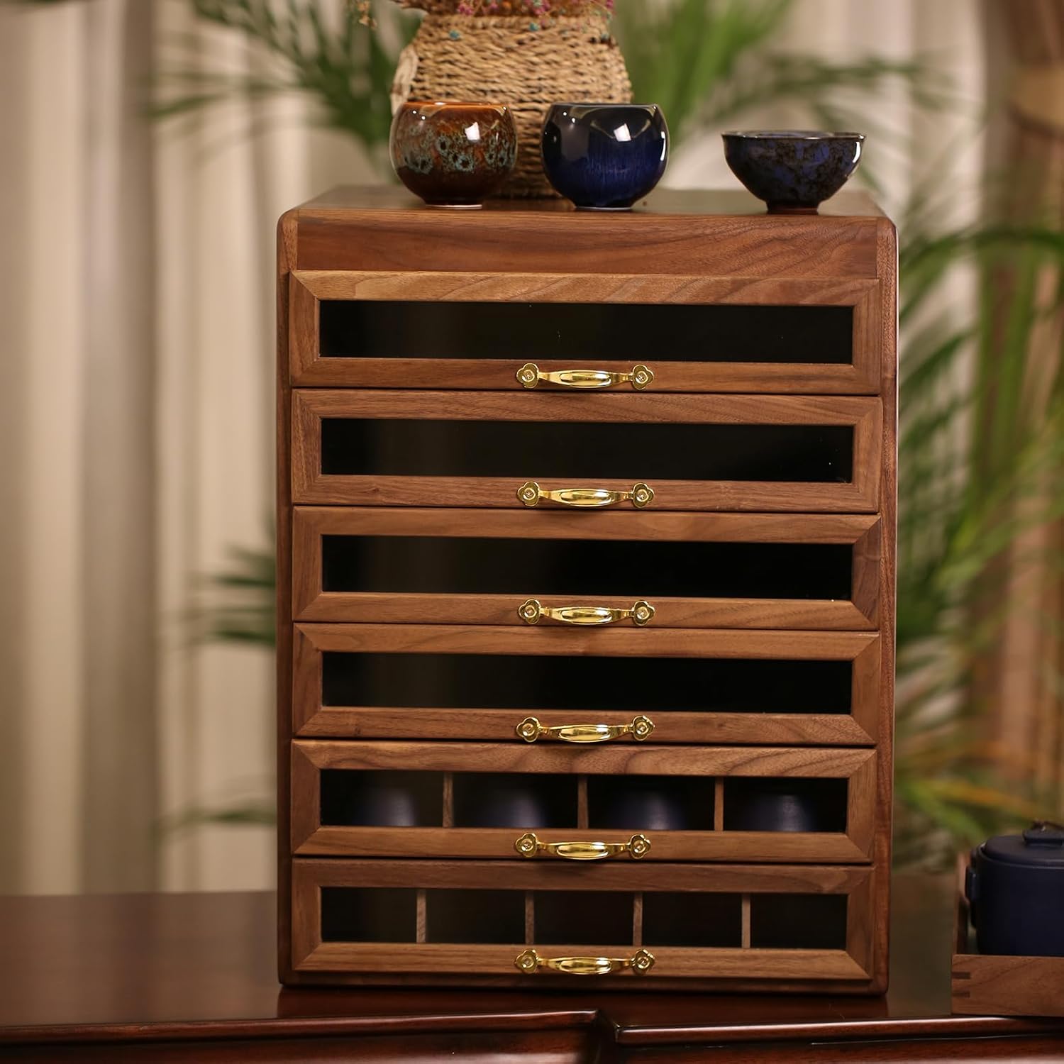 Desk Organizer Wooden Storage Box Black Walnut 6-Drawer Vintage Organizer, Jewelry Boxes Large Cabinet with 6-Drawer for Necklaces, Apothecary Cabinet,Small Dresser Chest of Drawers for Bedroom