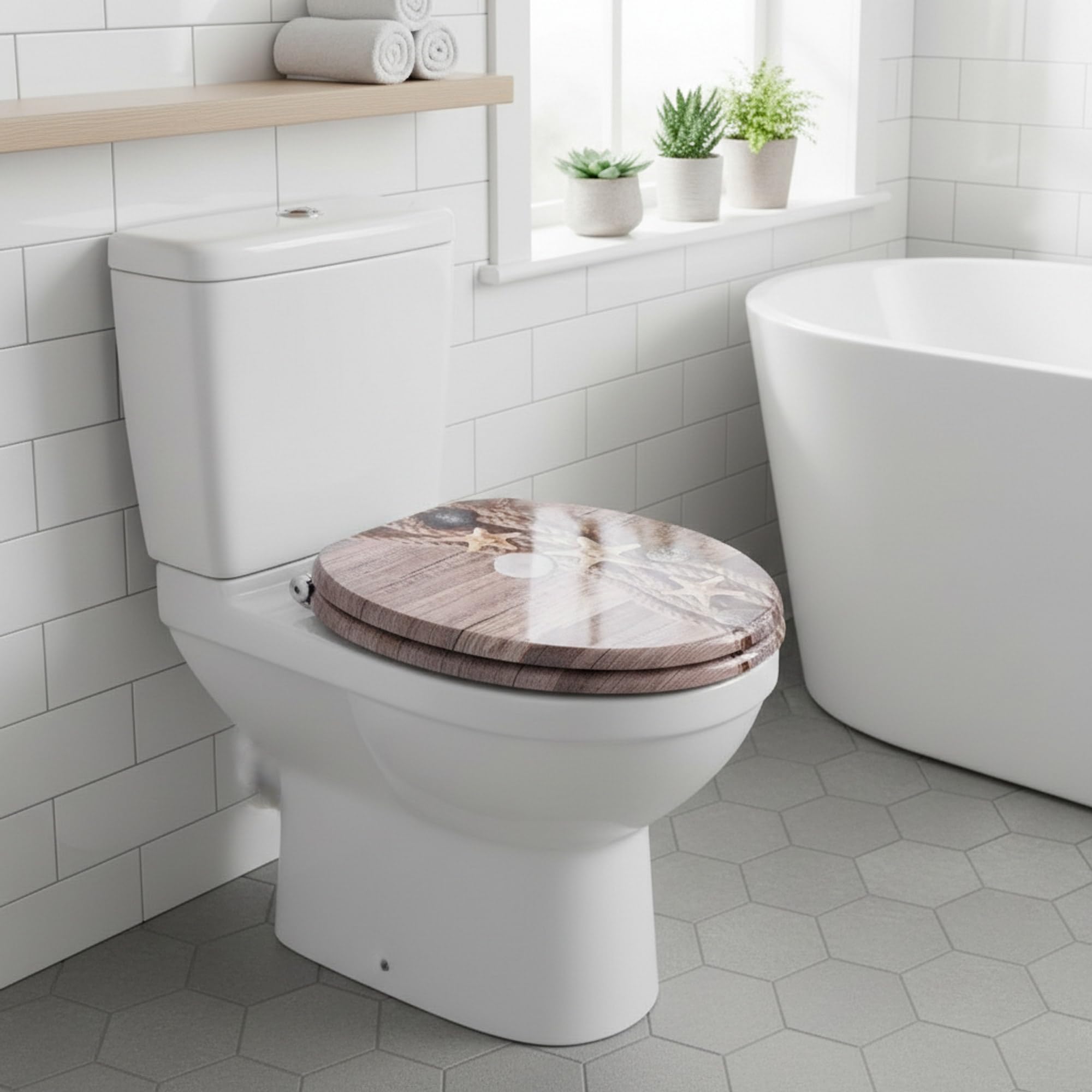 SINOBATH Asiento de inodoro negro mate con descenso automático, tapa de inodoro en forma de O de MDF estable, tapa de inodoro con bisagras de acero inoxidable, cierre suave y silencioso