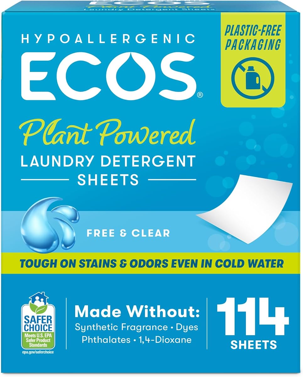 ECOS Laundry Detergent Sheets Vegan, No Plastic Jug, No Mess & Liquid Free - Hypoallergenic, Plant Powered Laundry Detergent Sheet – Free and Clear - 114 Count (Pack of 1)