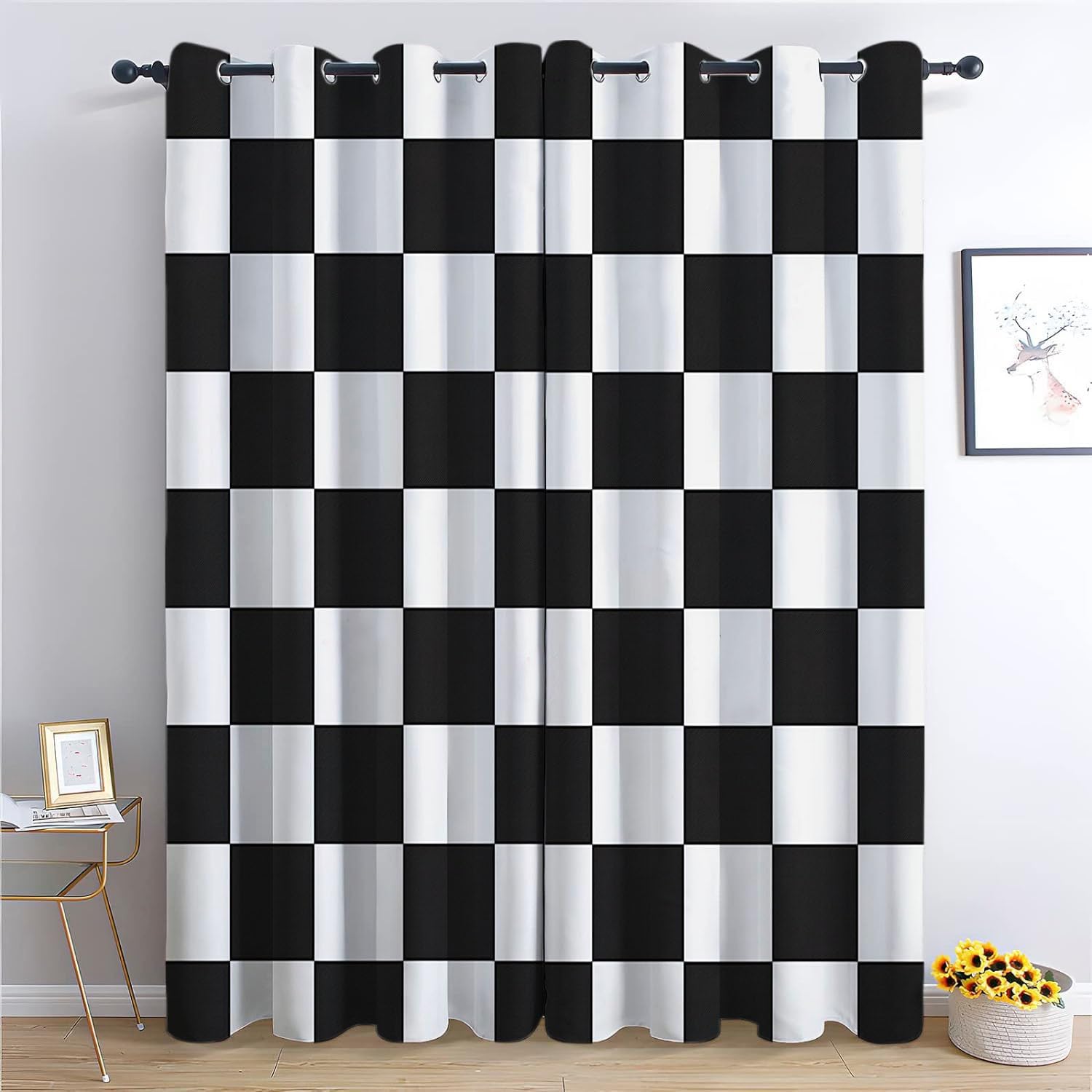 Black and White Plaid Curtains, Geometric Striped Checkerboard Printed Blackout Window Drapes, Racing Race Car Themed Eyelet Decoration Curtains for Bedroom, Living Room 59 x 65 Inch