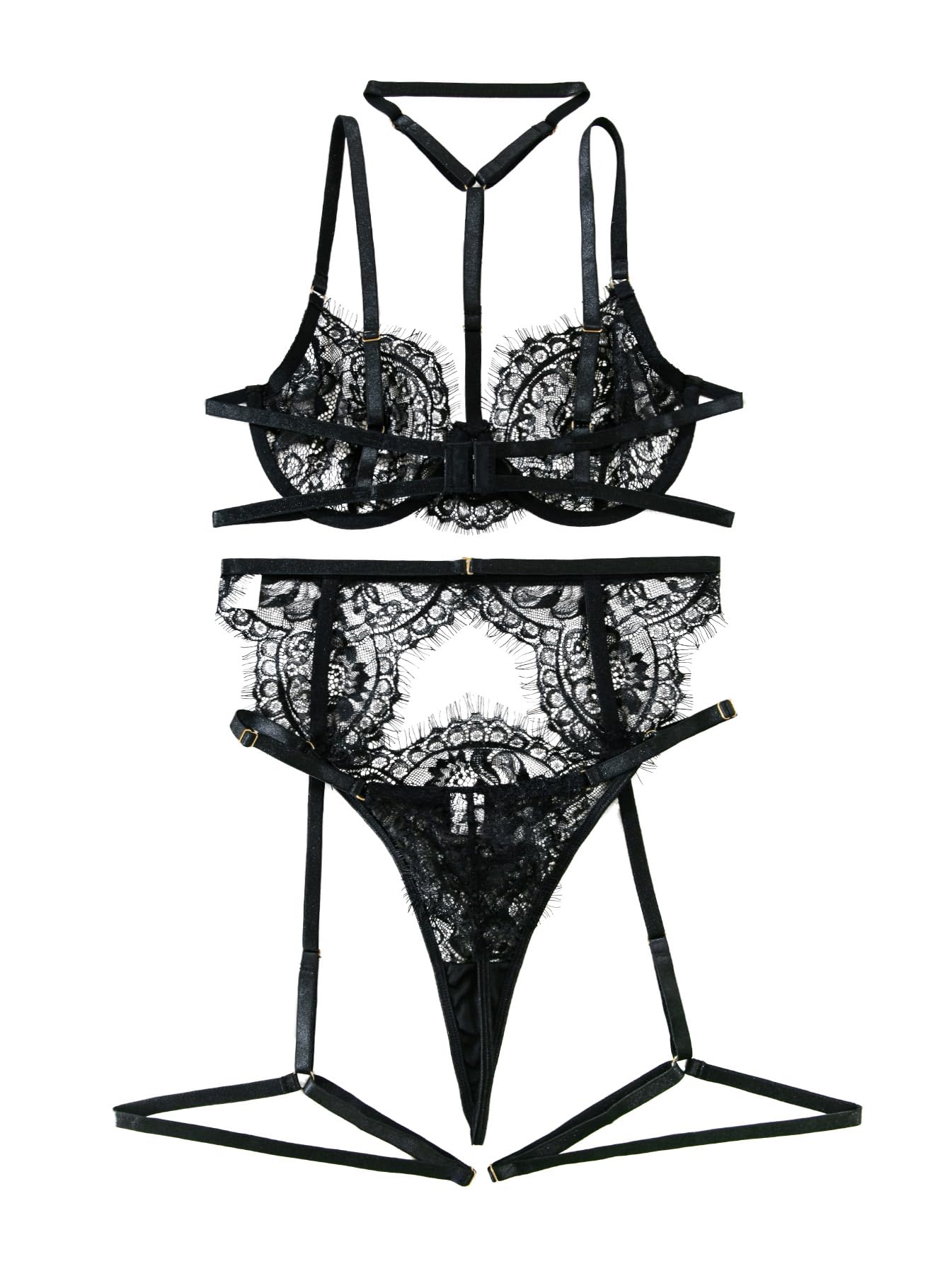 Lilosy Sexy Choker Floral Lace Scallop Sheer Underwire Push Up Garter Belt Lingerie Set 3 Piece: X-Small Eyelash Black