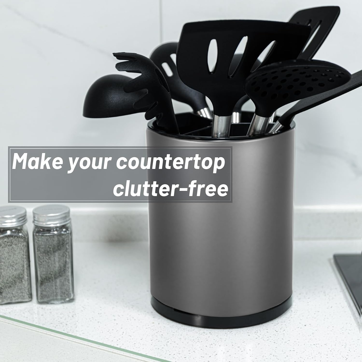 Kitchen Utensil Holder for Countertop 360° Rotating Utensil Caddy Extra Large Utensil Crock Cooking Utensil Holder for Kitchen Counter (Dark Grey)