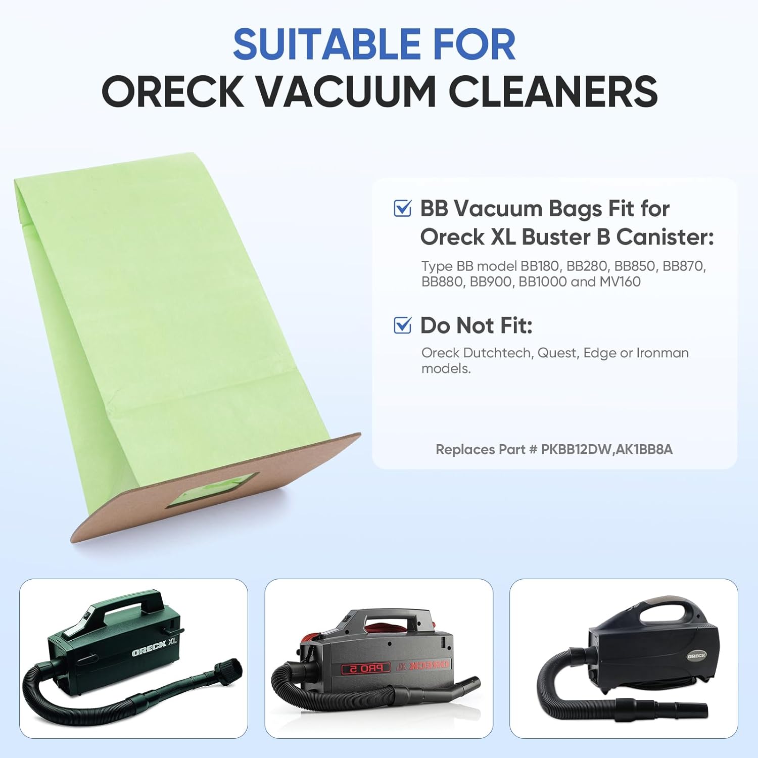 BB Compact Canister Bags Replacement for Oreck XL Buster B Handheld Vacuum Bags AK1BB8A Compatible with BB180 BB280 BB850 BB870 BB880 BB900 BB1000 MV160CC1600 with 6 Motor Filter, 40 Pack