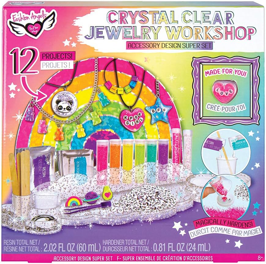 Fashion Angels Crystal Clear Jewelry Workshop Super Set (12574), DIY Jewlery Resin Kit for Beginners, Comes with Molds, Clear Epoxy Resin, Glitter, Beads & More, for Ages 8 and Up, Multicolor