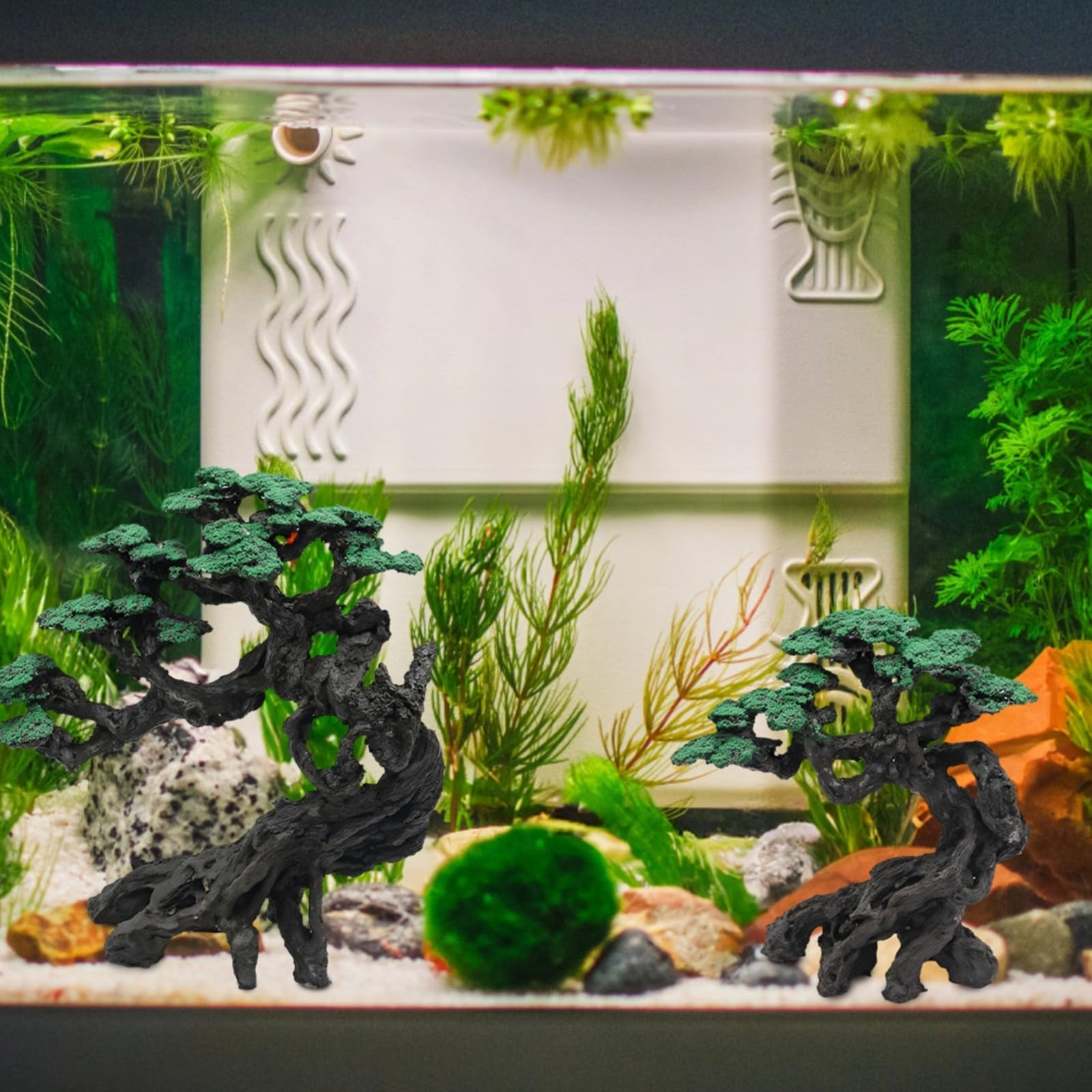 Bonsai artificiale, decorazione per acquario, 2 pezzi, muschio, con struttura in resina, ideale per acquari d'acqua salata e d'acqua dolce