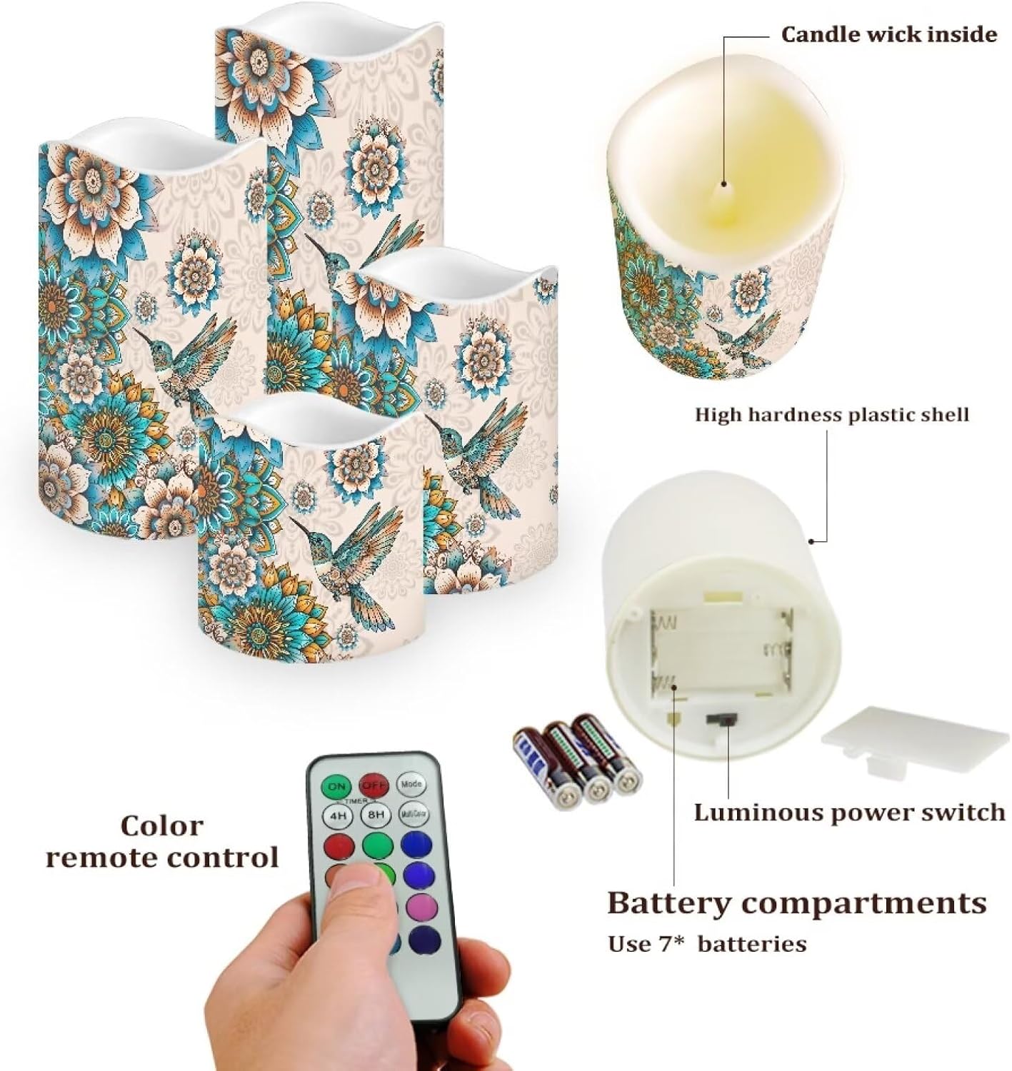 Ystardream Western Hummingbird Flameless Candles with Timer Led Candles Flickering 4 Candle Sets for Home Decor,18 Key Remote Control，Dancing Flames, True Wax, Battery Powered.