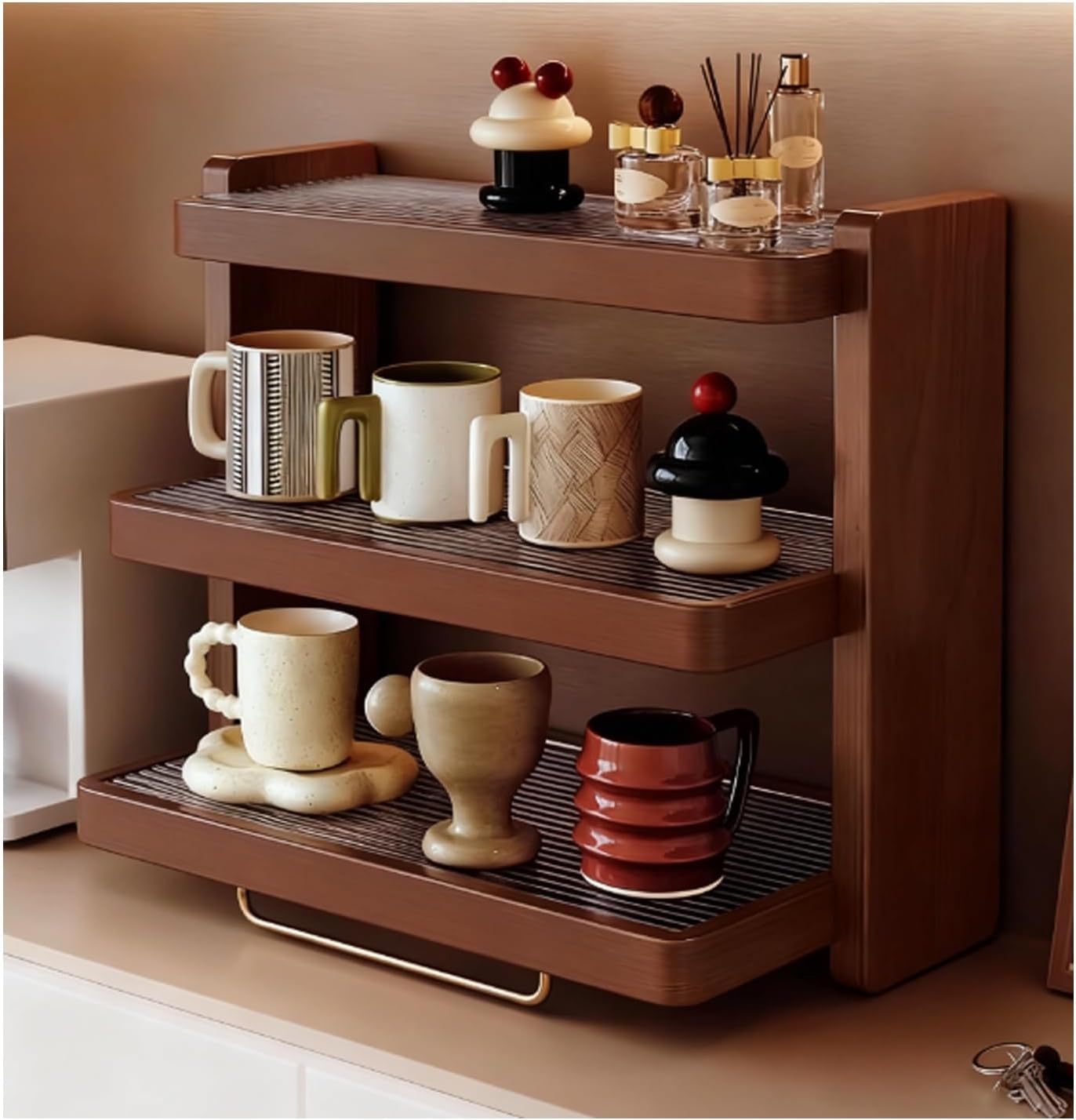 Solid Wood 3-Tier Coffee Cup Holder and Spice Rack, Stepped Countertop Mug Organizer with High-Transparency Acrylic for Kitchen Storage, Coffee Bar, Dining Room Desk(Brown,16.5x7.9x15.7in)