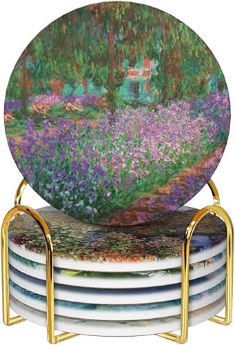Juego de 6 posavasos absorbentes de cerámica para bebidas con soporte dorado, base de corcho, 6 pinturas famosas de Claude Monet, regalos únicos de