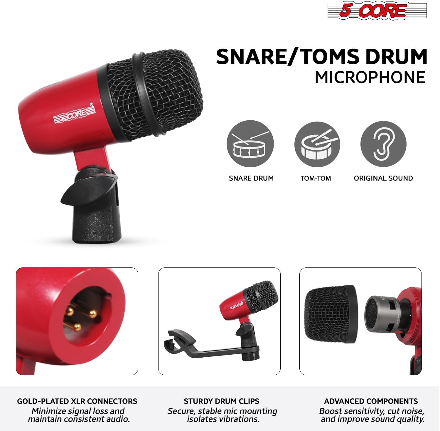 5 CORE Drum Microphone Kit 9 Piece All Metal Drummer Mics Tom/Snare & Cymbals Professional Wired Instrument Drums Set Microfonos Red - DM E9 RED