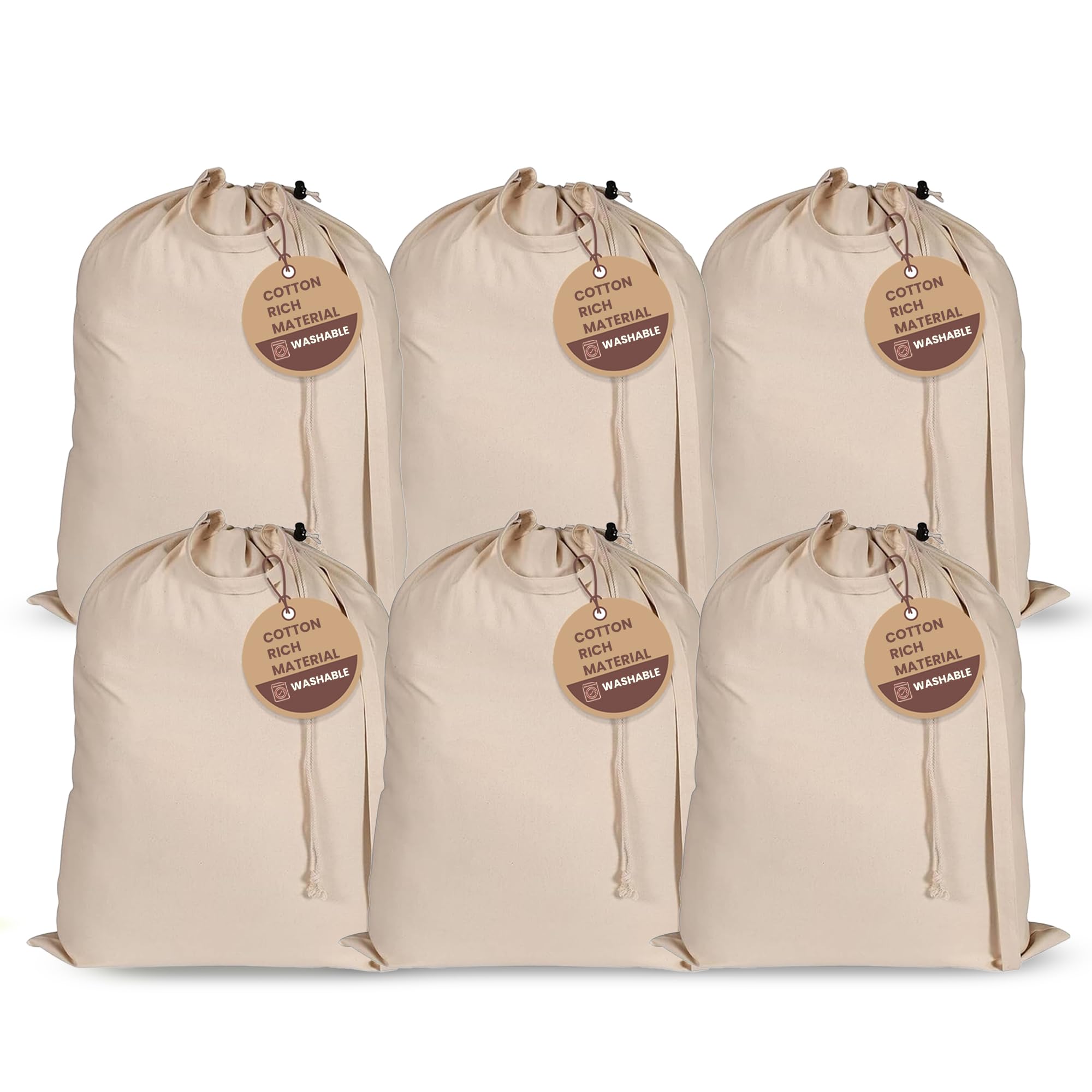 LFH Home Large Premium Cotton Rich Canvas Laundry Bag with Drawstring and Handles Heavy Duty, Multi-Use, and Washable for Home, Travel, College or Storage 20x30 (Pack of 6)-Natural