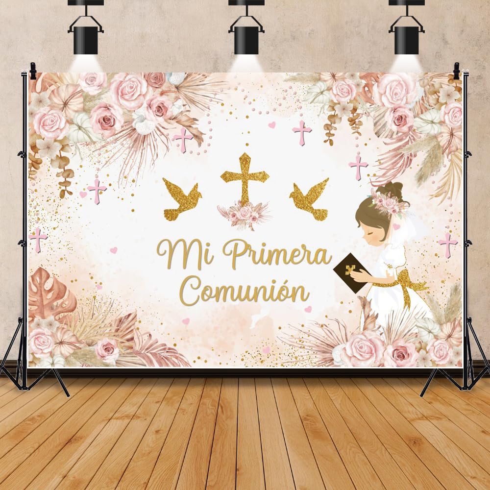 7x5ft Mi Primera Comunion Backdrop Pink Floral Balloons First Holy Communion Photography Background for Girls God Bless Party Decor Butterfly Baptism